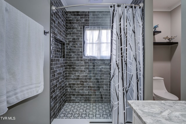 bathroom with vanity, toilet, and a shower with shower curtain