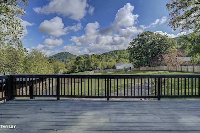 deck with a lawn and a fenced backyard