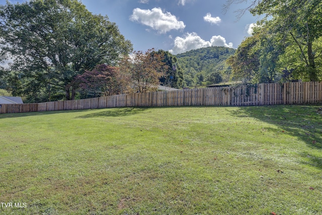 view of yard with a fenced backyard and a mountain view