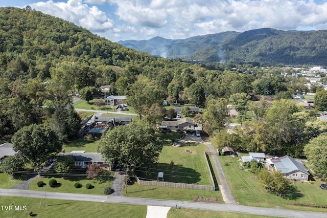 aerial view with a forest view and a mountain view