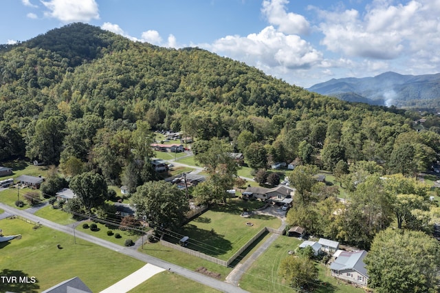 bird's eye view featuring a mountain view and a wooded view