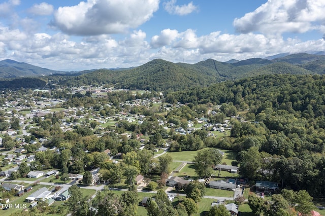birds eye view of property with a forest view and a mountain view