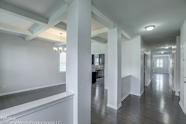 hall featuring a notable chandelier, beam ceiling, coffered ceiling, and dark wood-type flooring