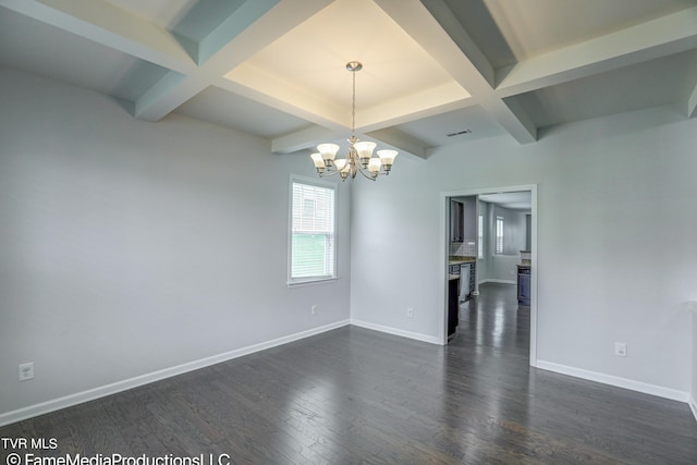 unfurnished room featuring coffered ceiling, beamed ceiling, a notable chandelier, and dark hardwood / wood-style floors