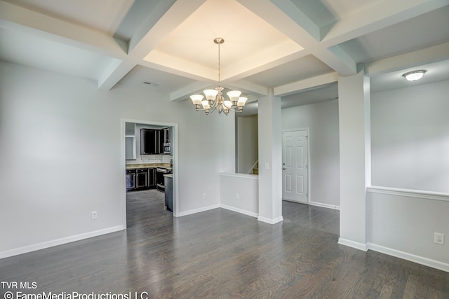 unfurnished room with coffered ceiling, a chandelier, beamed ceiling, and dark wood-type flooring