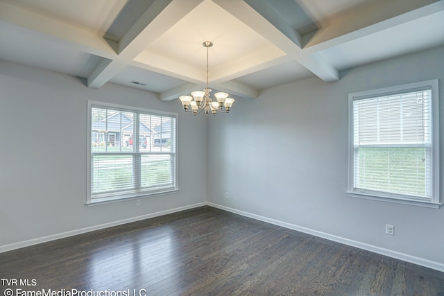 empty room featuring a notable chandelier, beamed ceiling, dark hardwood / wood-style floors, and coffered ceiling