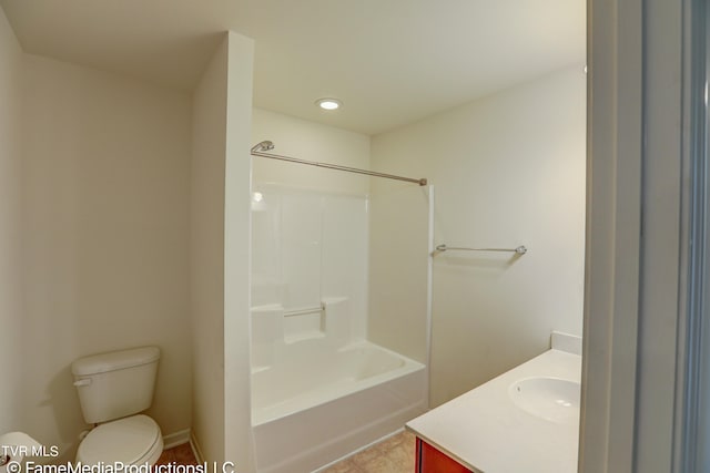 full bathroom featuring tub / shower combination, tile patterned flooring, vanity, and toilet