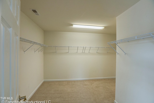 spacious closet featuring light colored carpet