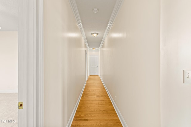 hallway with ornamental molding and light hardwood / wood-style floors