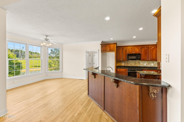 kitchen featuring stainless steel range with electric stovetop, ornamental molding, light wood-type flooring, and a textured ceiling