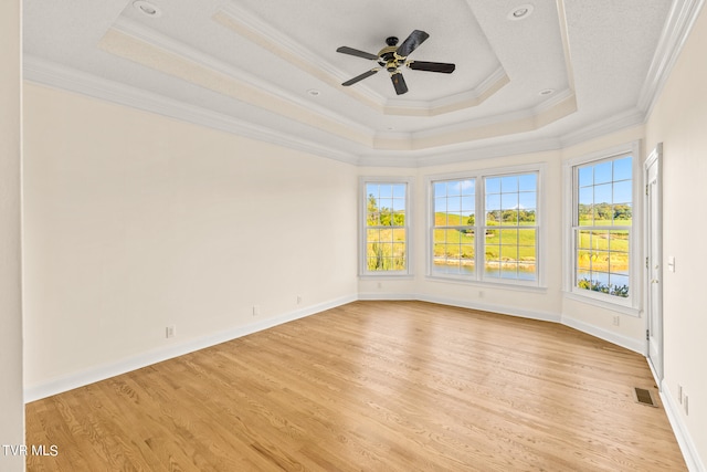 empty room featuring a raised ceiling, crown molding, and light wood-type flooring