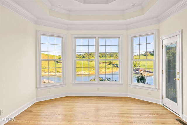 unfurnished sunroom with a water view and a tray ceiling