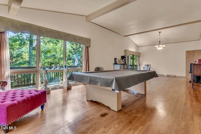 recreation room featuring pool table, an inviting chandelier, lofted ceiling with beams, and light wood-type flooring