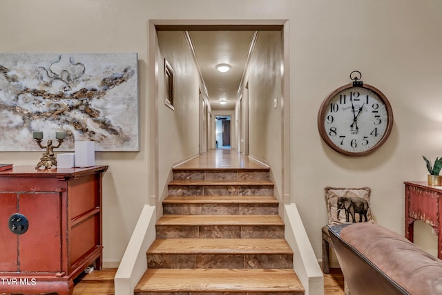 stairs with hardwood / wood-style flooring