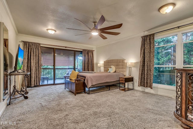 bedroom with carpet flooring, access to exterior, ceiling fan, and crown molding