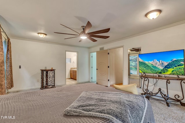 bedroom featuring ensuite bath, ceiling fan, light carpet, and ornamental molding