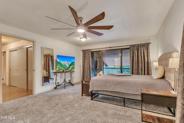 bedroom with access to exterior, ceiling fan, light colored carpet, and ornamental molding