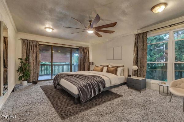 bedroom featuring carpet flooring, ceiling fan, ornamental molding, and access to outside