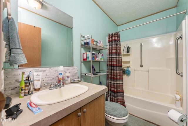 full bathroom featuring decorative backsplash, vanity, a textured ceiling, shower / bath combo with shower curtain, and toilet