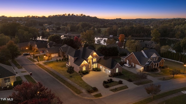 view of aerial view at dusk