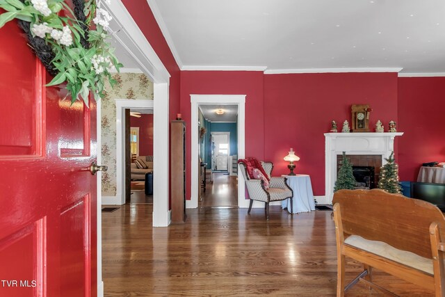 sitting room featuring crown molding and dark wood-type flooring