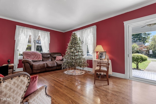 living room with wood-type flooring, crown molding, and ceiling fan