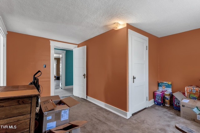 interior space featuring light carpet and a textured ceiling