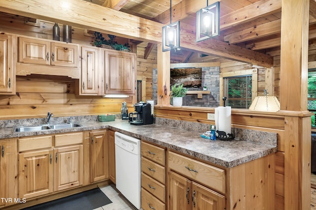 kitchen featuring wood ceiling, beamed ceiling, wooden walls, decorative light fixtures, and white dishwasher