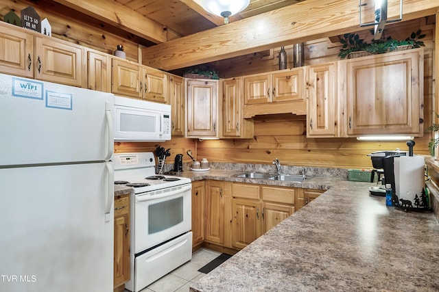 kitchen with beamed ceiling, wood ceiling, light tile patterned flooring, sink, and white appliances