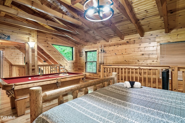 interior space with wood ceiling, wooden walls, lofted ceiling with beams, pool table, and hardwood / wood-style floors