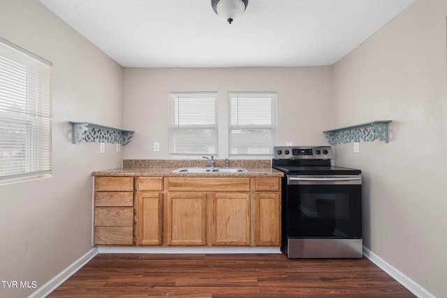 kitchen featuring dark hardwood / wood-style flooring, stainless steel electric stove, a healthy amount of sunlight, and sink