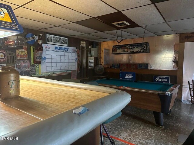 playroom with billiards and a drop ceiling