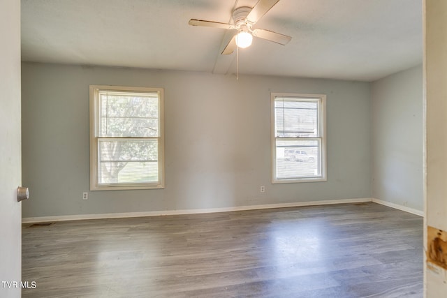 empty room with wood-type flooring, ceiling fan, and a healthy amount of sunlight