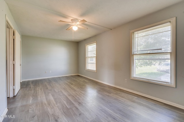 empty room with a wealth of natural light, ceiling fan, and light wood-type flooring