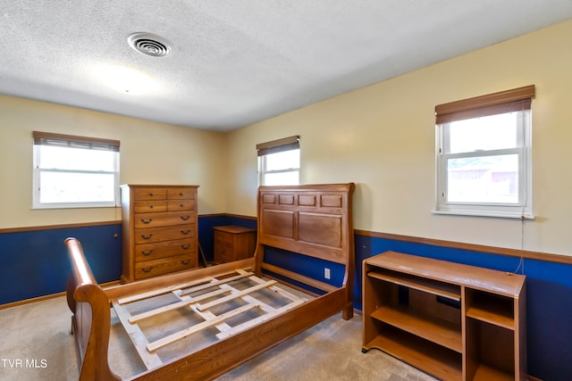 bedroom featuring multiple windows, carpet floors, and a textured ceiling