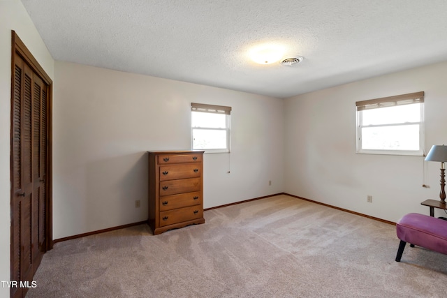 unfurnished room with light colored carpet, a textured ceiling, and a wealth of natural light