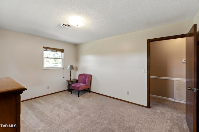 living area featuring light colored carpet and a textured ceiling