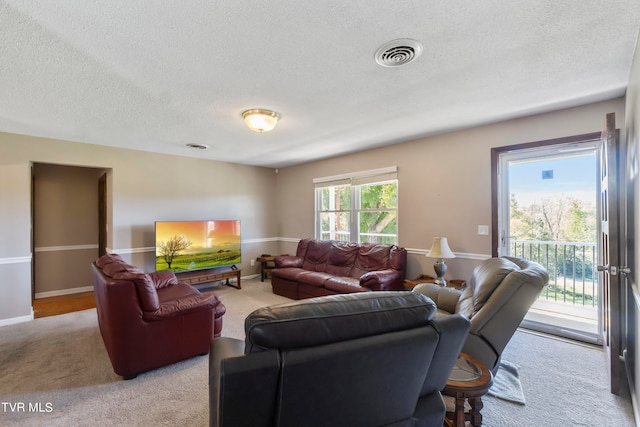 carpeted living room featuring a textured ceiling