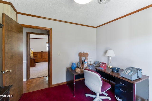 office space with a textured ceiling, dark parquet flooring, and ornamental molding