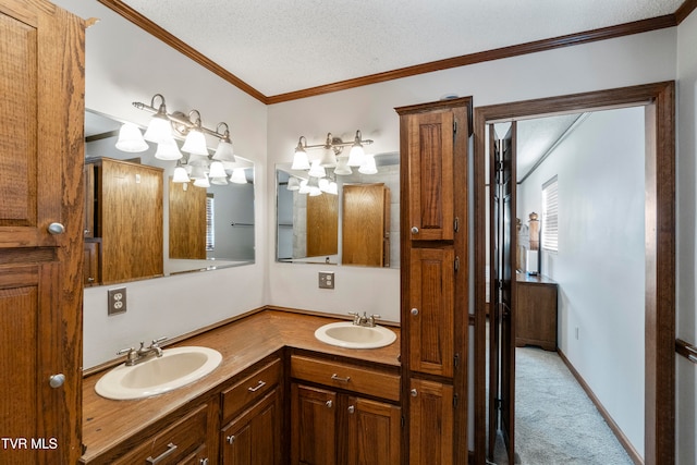 bathroom with vanity, crown molding, and a textured ceiling