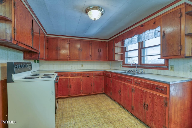 kitchen featuring white electric stove and sink