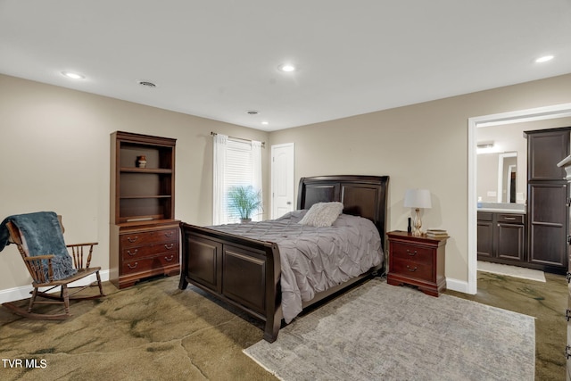 carpeted bedroom with visible vents, baseboards, and recessed lighting