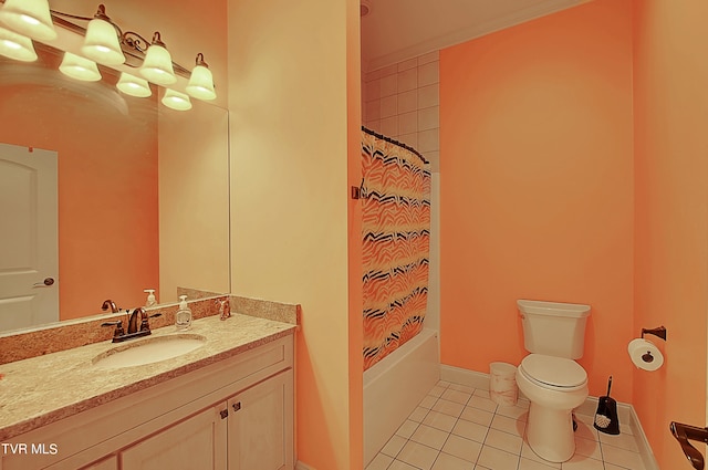 full bathroom with tile patterned flooring, vanity, toilet, and shower / bathtub combination with curtain