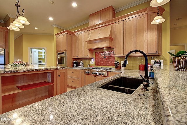 kitchen with pendant lighting, stainless steel appliances, custom range hood, and light stone countertops