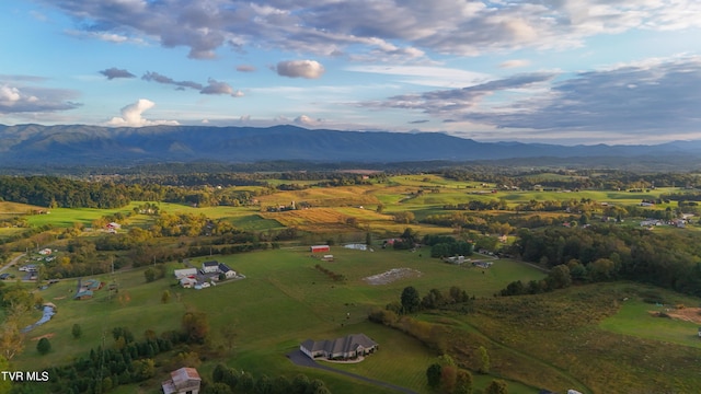 birds eye view of property featuring a mountain view and a rural view