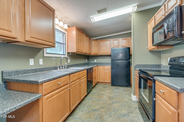 kitchen with crown molding, vaulted ceiling, sink, black appliances, and a textured ceiling