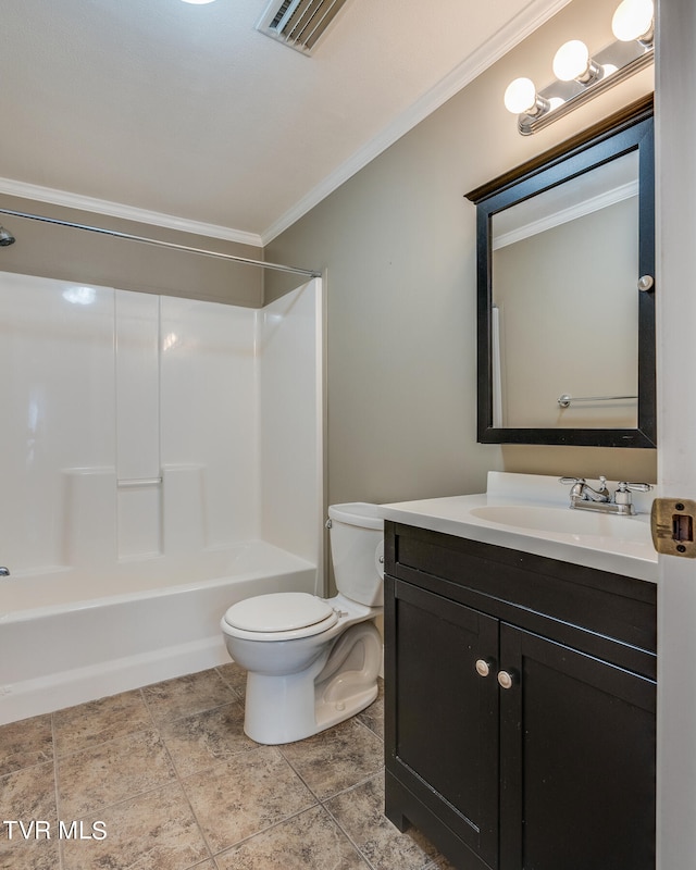 full bathroom with vanity, bathtub / shower combination, toilet, and crown molding