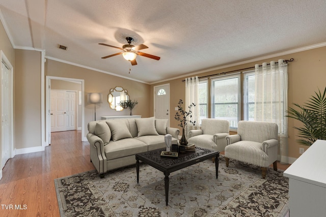 22088 Parks Mill Rd, Abingdon, VA 24211 - living area featuring light wood finished floors, a ceiling fan, baseboards, vaulted ceiling, and a textured ceiling