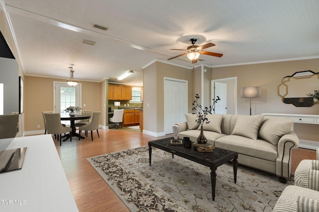22088 Parks Mill Rd, Abingdon, VA 24211 - living room with light wood finished floors, ceiling fan, ornamental molding, baseboards, and a textured ceiling