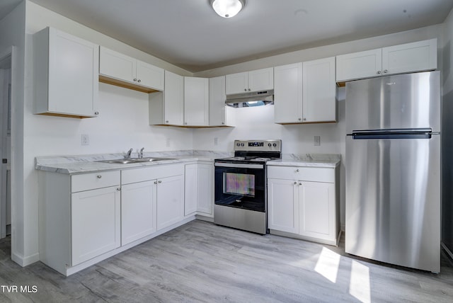 kitchen featuring appliances with stainless steel finishes, light wood-type flooring, sink, and white cabinets